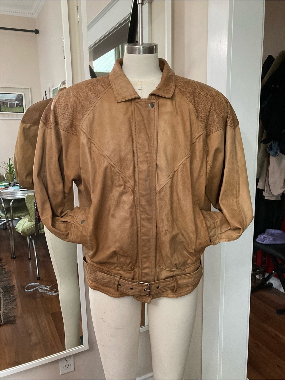 Ada Tan Leather Bomber Jacket with Belted Waist